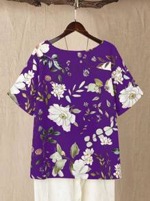 Linhara Blusa casual cómoda para mujer de talla grande con cuello redondo, manga corta y decoración de botones, con estampado floral - Multicolor - Ver 2