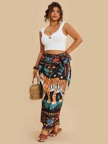 SHEIN VCAY 加大码女款热带植物与动物老虎印花波西米亚风裹身系带裙，夏季女款裹身裙，纱笼裙，虎纹裙，花卉印花裙，波西米亚风裙，度假，海滩，夏季，城市休闲，波西米亚风旅行，机场出行，乡村风，复古风，女士，图卢姆，教师返校秋季 - 彩色 - 查看 6