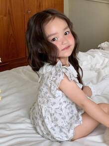 DAZY 女婴夏季休闲碎花荷叶边连体衣 幼儿女童服装 - 杏色 - 查看 2