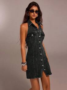 SHEIN Forever 21 女式休闲水洗纽扣前挂脖露背牛仔连衣裙，夏季 - 黑色 - 查看 5