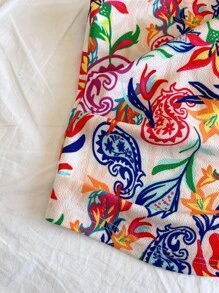 Soleia Conjunto de 3 piezas de top tubo de punto acanalado en color negro y albaricoque, con estampado de paisley colorido, para mujer talla grande, para vacaciones - Multicolor - Ver 5