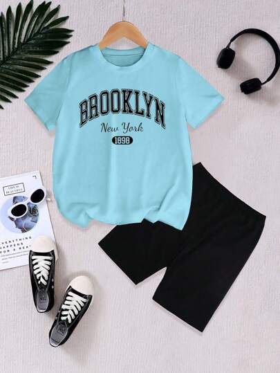 SHEIN Explorewe Teen Girl 2pcs/Set Sports Letter & Graphic Print Loose Round Neck Short Sleeve T-Shirt & Shorts Set, Suitable For Summer Holiday Outfit, School, Campus, College