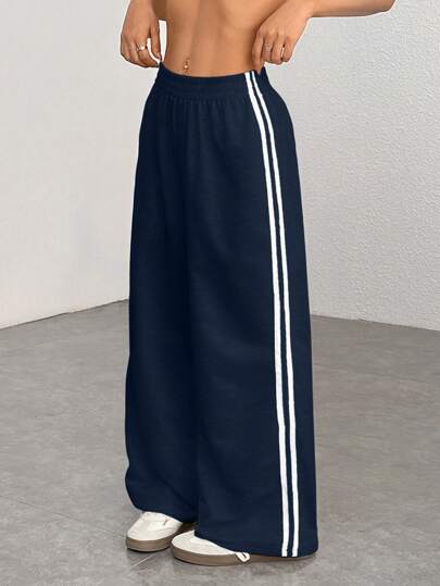 SHEIN PETITE Pantalones deportivos sueltos y casuales para mujer con cintura elástica y rayas laterales