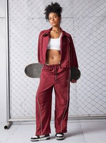 SHEIN Sports Bộ đồ thể thao tập luyện dáng rộng tay Raglan và quần cạp rút cho nữ - Màu Đỏ Sâu - Xem 1