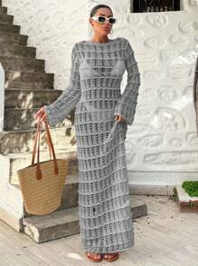 EURMUSE Váy Maxi Jacquard tay chuông màu trơn dành cho nữ - Xám - Xem 4