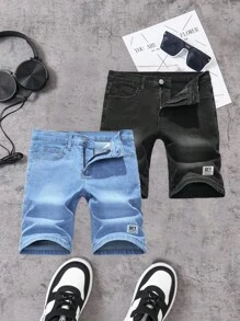 SHEIN 男童两件套时尚休闲Y2K复古拼接细节简约设计蓝黑两色弹力紧身牛仔短裤，柔软舒适，适合日常穿着，也适合春夏锐舞节和海滩穿着。 - 彩色 - 查看 1