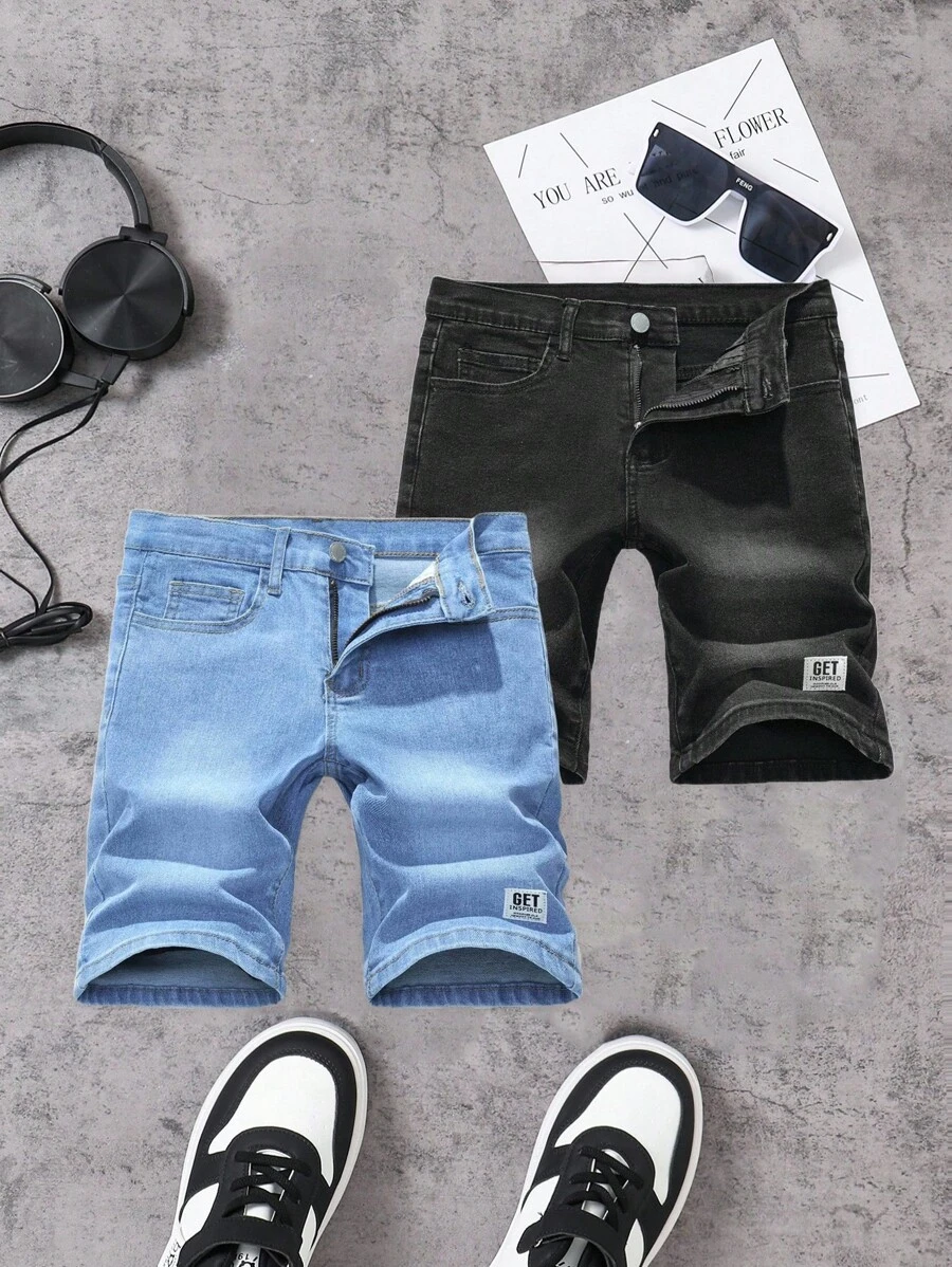SHEIN 男童两件套时尚休闲Y2K复古拼接细节简约设计蓝黑两色弹力紧身牛仔短裤，柔软舒适，适合日常穿着，也适合春夏锐舞节和海滩穿着。 - 彩色 - 查看 1