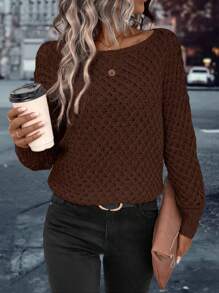 EMERY ROSE Women's Casual Solid Color Dropped Shoulder Loose Pointelle Knit Pullover Sweater Knit Pullover Fall Winter - Brown - View 7