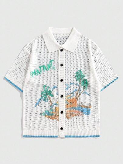 Street Life قميص محبوك ذو ياقة بطباعة صيفية، شُعور صيفي للرجال