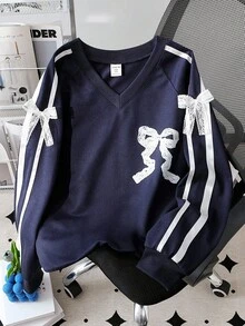 Sweat-shirt-shirt ample en tricot avec nœud pour préadolescentes, décontracté et confortable pour le printemps/automne, style de rue, vacances - Bleu marine - Voir 6