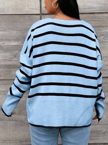 EURMUSE Plus Size Women's Striped Drop Shoulder Long Sleeve Casual Loose Pullover Sweater - Baby Blue - View 2