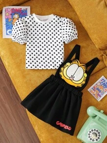 GARFIELD | SHEIN 少女卡通可爱猫咪刺绣连衣裙 & 圆领波点泡泡袖 T 恤夏日趣味 2 件套 - 黑與白 - 查看 3