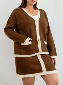 EURMUSE Contrast Trim Drop Shoulder Cardigan & Knit Skirt - Camel - View 4