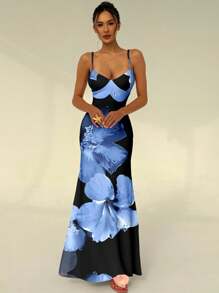 Aloruh 女士无袖系带修身度假蓝色花卉性感印花连衣裙，夏威夷花卉连衣裙，海滩、度假、派对、优雅约会、春假 - 彩色 - 查看 3