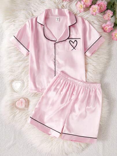 2pcs Set Tween Girl Heart Pattern Short Sleeve Top & Shorts, Home Wear Girls Satin Pajama Set, Back To School Fashion