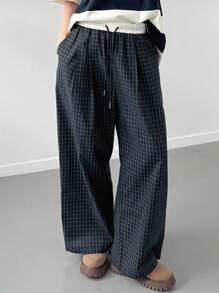 FRIFUL 女士撞色弹力腰抽绳格子直筒裤带口袋休闲裤，秋季款 - 彩色 - 查看 5