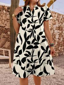 EMERY ROSE Plus Size Women's Black And White Contrasting Branches And Leaves Floral Pattern Short Sleeve Summer Casual Holiday Dress, Gift For Mother, Summer Vacation, Women's Holiday Clothing, Simple And Fashionable, Suitable For Daily Wear, Holiday Atmosphere, Spring Break, Casual Wear SS, Bohemian, Women's Sundress, Sundress Suitable For Going Out,Teacher Outfits For Women Chic Dress
