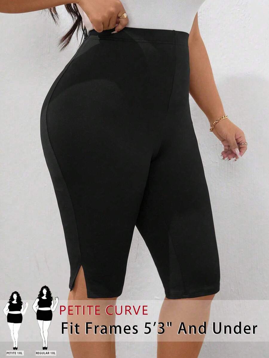 SHEIN PETITE 大码纯色开叉下摆紧身裤 - 黑色 - 查看 1