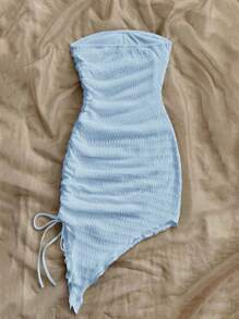 SHEIN Tween Girls Fitted Casual Minimalist Comfortable Waisted Asymmetrical Hem Snug Fit Dress - Baby Blue - View 5