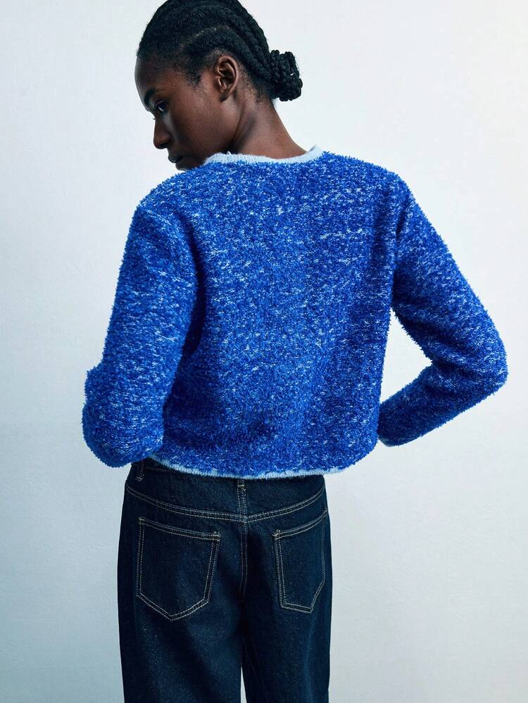 SHEIN Maija Cardigan femme avec bordure contrastée bleue, simple, élégant et confortable pour le travail. Veste pull à manches longues avec boutons devant et poches, pour femme de bureau en automne. Tenue de Noël chic pour l'automne