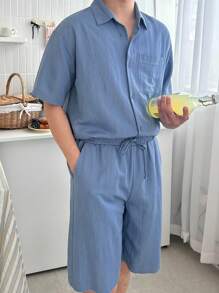 DAZY Summer Navy Solid Drawstring Elastic Waist Shorts, Matching Outfit With Men's Shirt - Blue - View 3