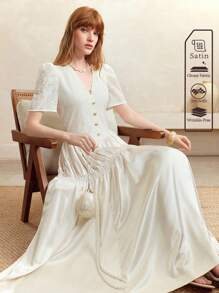 SHEIN LUNE Vestido de satén con cuello en V, mangas abullonadas, cintura con lazo y bajo plisado con hebilla dorada, estilo vintage elegante para ocasiones formales, vestido maxi para primavera/verano, vestidos de verano para mujer, vestidos de cumpleaños para mujer, vestidos formales para mujer, vestidos blancos elegantes y clásicos, estilo de mujer de dinero antiguo, vestido fluido, vestidos modestos para mujer, Fairycore, vestidos para fiestas de mujer, vestidos sexy para mujer, vestidos de verano para vacaciones, atuendo todo blanco para mujer, vestidos para eventos de boda, vestidos formales para invitados de boda - Albaricoque - Ver 6