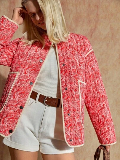 Bóhologie Pattern Quilted Jacket, Paisley Print Coat, Quilted Bomber Daily Lightweight, Boho Desgin, Waterproof Fabric, Oversize Wear Red Paisley Jacket Women Western Jacket Women Quilted Jacket Women Women Western Wear Boho Jacket,Jackets,Jackets Woman,Coats