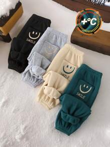 4pcs Baby Boys Colorful Smiling Face Knit Thermal Lined Warm Elastic Waist Ankle Cuff Pants, Suitable For Casual Wear, Outdoor, School, Fall/Winter Graphic - Multicolor - View 1