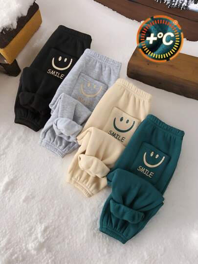 4pcs Baby Boys Colorful Smiling Face Knit Thermal Lined Warm Elastic Waist Ankle Cuff Pants, Suitable For Casual Wear, Outdoor, School, Fall/Winter Graphic