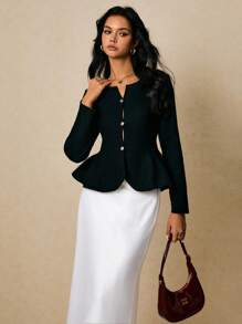 Poéselle Áo khoác len cardigan thanh lịch có nút vàng – Áo khoác len dài tay ôm sát dành cho nữ, Áo khoác len cardigan nút vàng, Áo khoác len cardigan ôm sát dành cho nữ, Đồ dệt kim thanh lịch, Áo khoác len cardigan có cấu trúc, Áo peplum dành cho nữ vào mùa thu/đông - màu đen - Xem 7