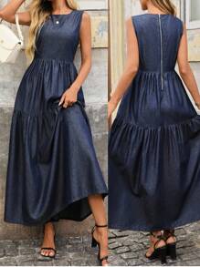 EMERY ROSE 女式休闲无袖牛仔长裙，带荷叶边下摆，夏季 - 深色水洗藍 - 查看 1