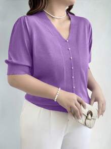 EMERY ROSE Plus Size Casual Solid Color Short Sleeve Sweater Knit Pullover Fall Winter Autumn - Purple - View 3