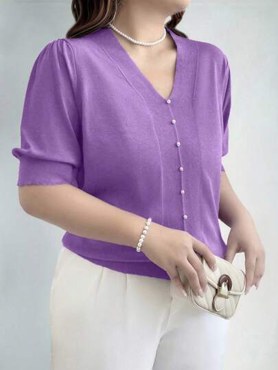 EMERY ROSE Plus Size Casual Solid Color Short Sleeve Sweater Knit Pullover Fall Winter Autumn