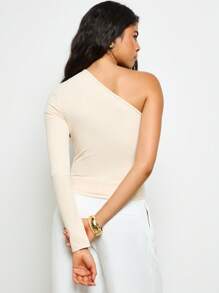 AiiRZ 单肩褶皱修身长袖短款上衣不对称设计优雅晚会俱乐部专业办公室着装时尚前卫个性单品秋冬 - 奶油色 - 查看 2