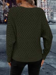 EMERY ROSE Suéter de punto con mangas de murciélago de unicolor minimalista para mujer, otoño e invierno - Verde - Ver 2