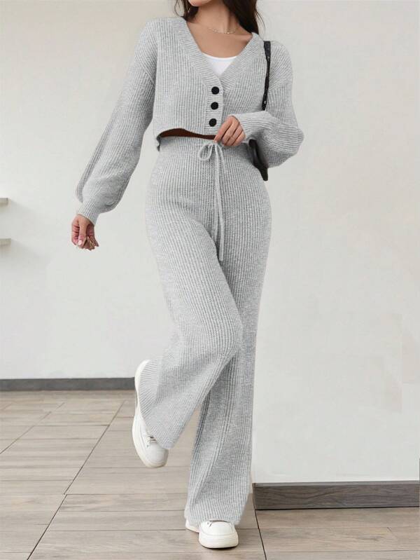 SHEIN Teen Girls 2pcs Knit Outfit - V-Neck Cardigan And Elastic Waist Pants, Grey, Casual & Versatile