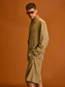 Musero 男士休闲修身双排扣西装外套，夏季度假必备 - 棕色 - 查看 2