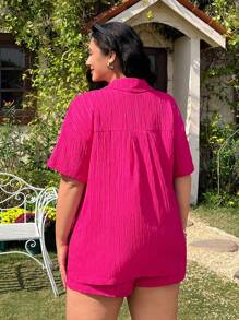 Solflare 大码紫红色短袖衬衫和短裤 2 件套 - 玫紅色 - 查看 2