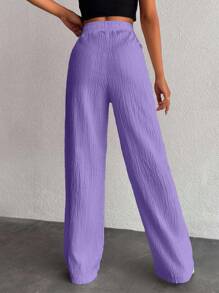 EURMUSE Petite Women's Solid Color Long Waist Drawstring Pants - Lilac Purple - View 2