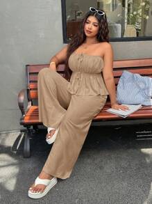 SHEIN EZwear 2件套大码女式休闲结饰吊带背心和长裤套装 - 卡其色 - 查看 5