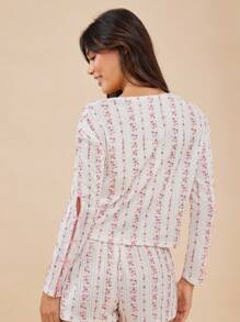 WESTFADE Striped Floral Print Pointelle V Neck Bow Front Long Sleeve Lounge Top Summer Boho Cowgirl Beach Vacation - Multicolor - View 5