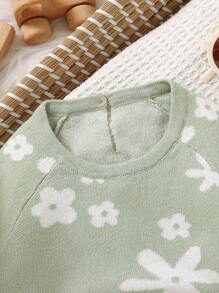 Baby Girls Sweet Princess Style Green Floral Jacquard + Ruffled Round Neck Long Sleeve Bodysuit Fall Winter - Green - View 3