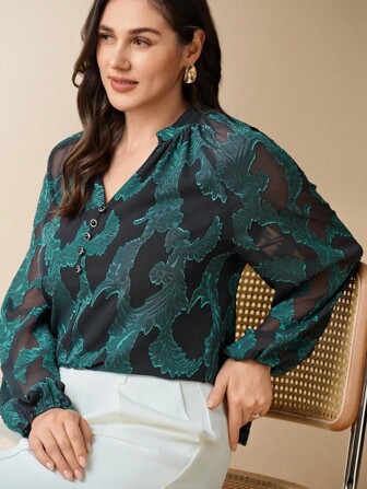 Flouryn Plus Size Dam Elegant H-formad Utskuren Halsringning Långärmad Svart & Grön Spetsblus, Romantiska Transparenta Detaljer