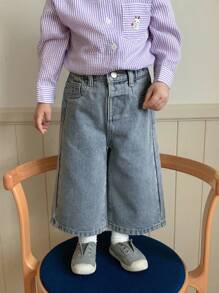 Hapijoa 女宝宝水洗蝴蝶刺绣韩版宽松直筒牛仔裤，幼儿秋装 - 藍色 - 查看 4