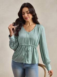 Wildy 秋季休闲通勤绿色鼠尾草绿色长袖收腰衬衫女士乡村音乐会乡村女教师衬衫秋季