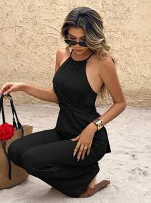 SHEIN Frenchy 女士纯色交叉前襟设计阔腿连体裤，假日风格