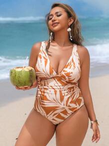 Swim Vcay Plus Size 1pc Plant Branch Random Print V-Neck Ruched Adjustable Strap Design Elegant & Sexy Women One-Piece Swimsuit, Suitable For Beach & Holiday, For Summer Vacation