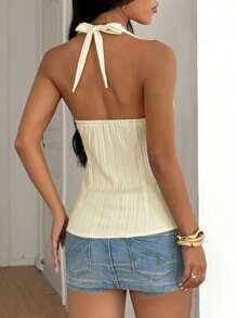 Sunnyshic Áo hai dây buộc cổ hở ngực xếp ly gợi cảm đơn giản màu trơn vải họa tiết mùa hè cho nữ - Màu be - Xem 2