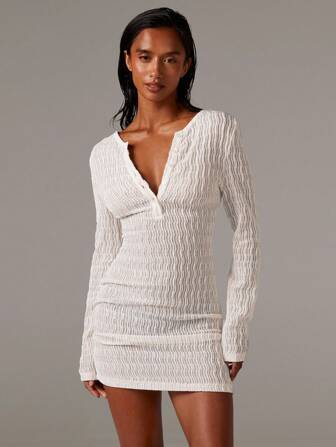 Athîral Women's Solid Color Button Bodycon Elegant Mini Dress, Long Sleeve