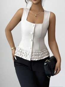 SHEIN Unity Women's Elegant Square Collar Sleeveless Blouse With Ruffle Hem, Slim Fit Commuter Shirt, Spring/Summer - Apricot - View 3